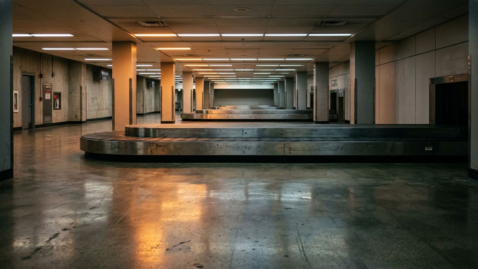 An empty baggage reclaim hall at night with a stationary metal carousel and a bare polished floor under overhead lighting, no luggage and nobody present